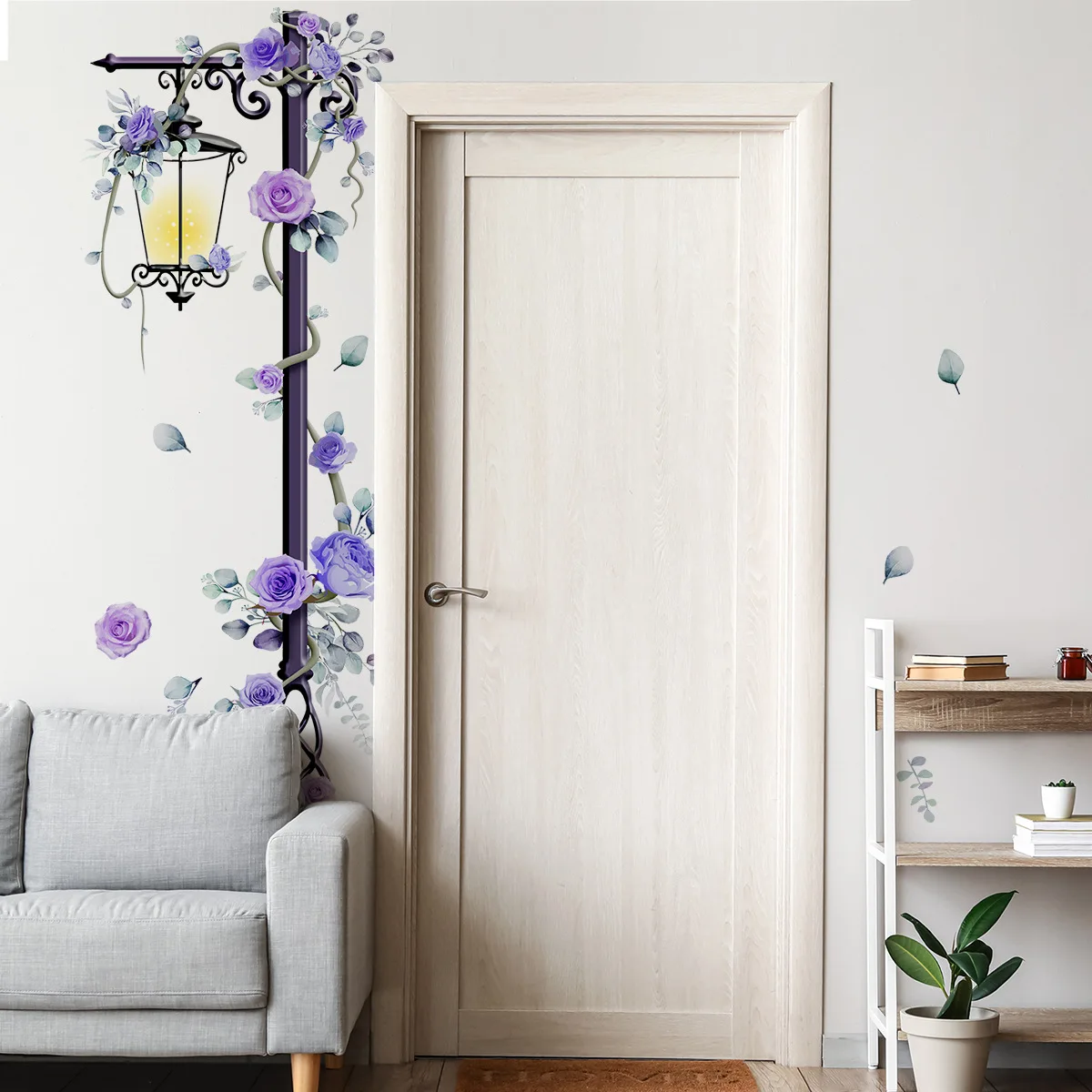 4pcs Large Street Light Purple Rose Flower Sticker Living Room Bedroom Background Decorative Wall Sticker Wallpapers Ms3093