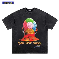 Mens Washed T Shirt Men Hip Hop Streetwear Dennis Rodman Graphic T Shirt Short Sleeve T Shirt 2023 Harajuku Men's Fashion Tees