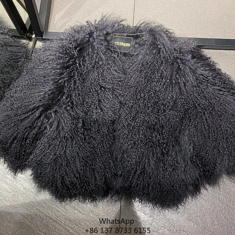 2024 Short Sleeve Black Fur Coat Real Mongolian Fur Coat Women Women's Fluffy Sheep Fur Winter Coat