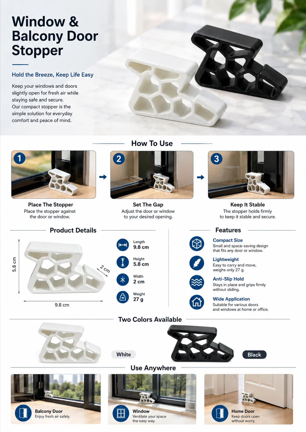 Patio Door & Window Track Stopper, Balcony Locking Rail Block, Child Safety Anti-Slide Stop for Glass Sliding Doors