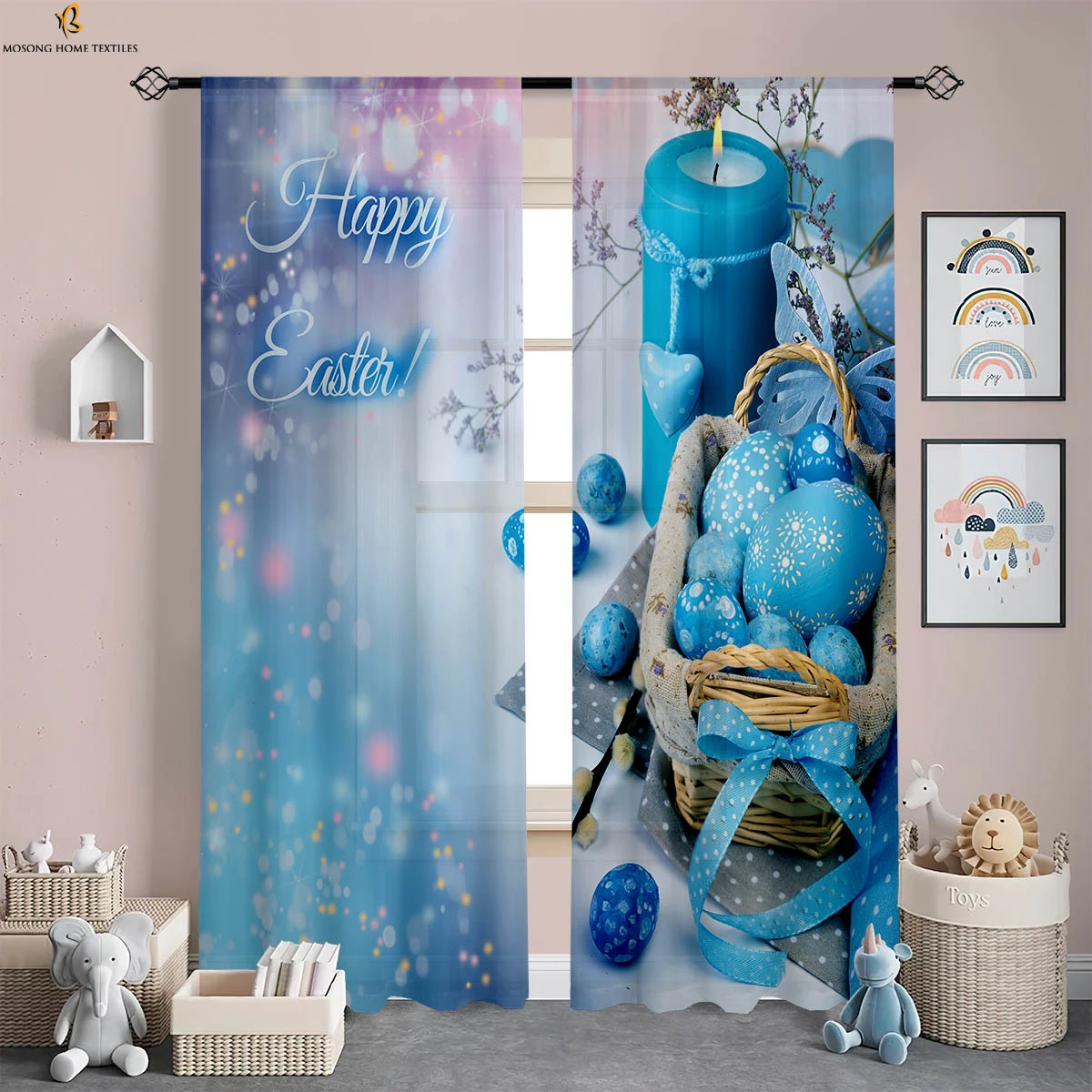 2 Pieces Easter Bunny Colored Eggs 3d Printing Curtains Retro American Country Style Holiday Decoration Curtains