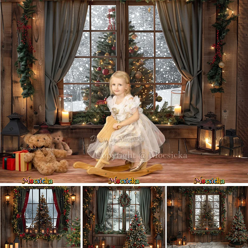 Christmas Background Brown Wooden Window Backdrop Xmas Garland Curtain Lantern Decor Kids Winter Portrait Photo Studio Prop