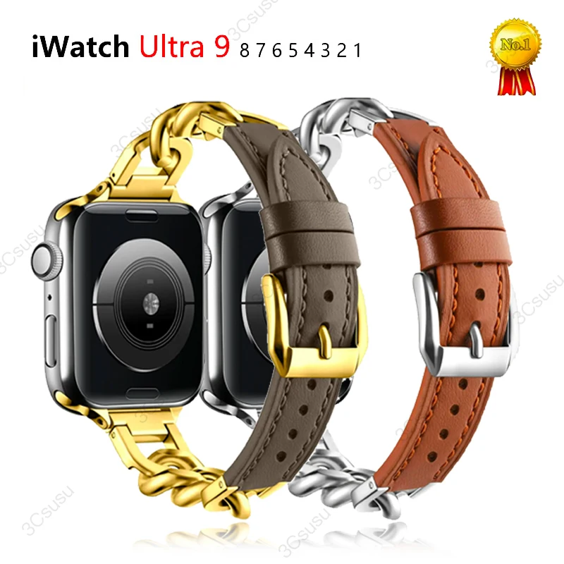 Luxury Leather Band For Apple Watch Ultra 9 8 49mm 45mm 44mm 42 41 40 38mm Stainless Steel Bracelet Strap For iWatch 7 6 5 4 Se