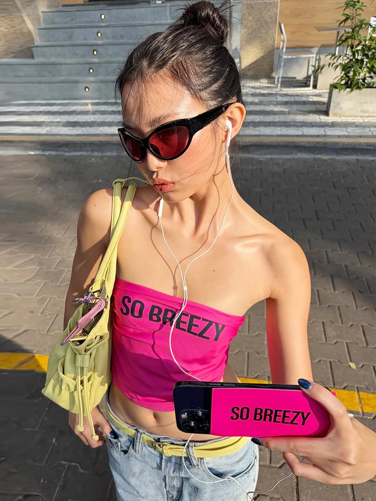 Weird Puss Hottie Letter Print Tank Top Women Sexy Classic Backless Ruched Sleeveless Stretch Skinny High Street Style Clubwear
