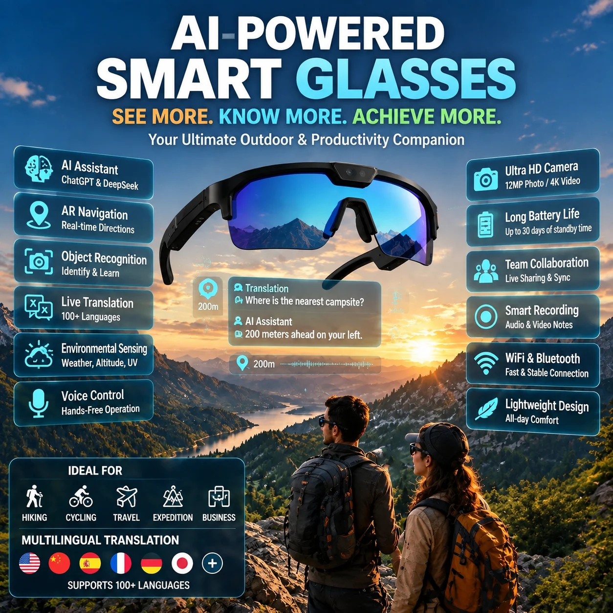 2026 AI Smart Glasses ChatGPT Voice AI Assistant Intelligent Travel Translation Outdoor Remote Photography Smartglasses Cycling