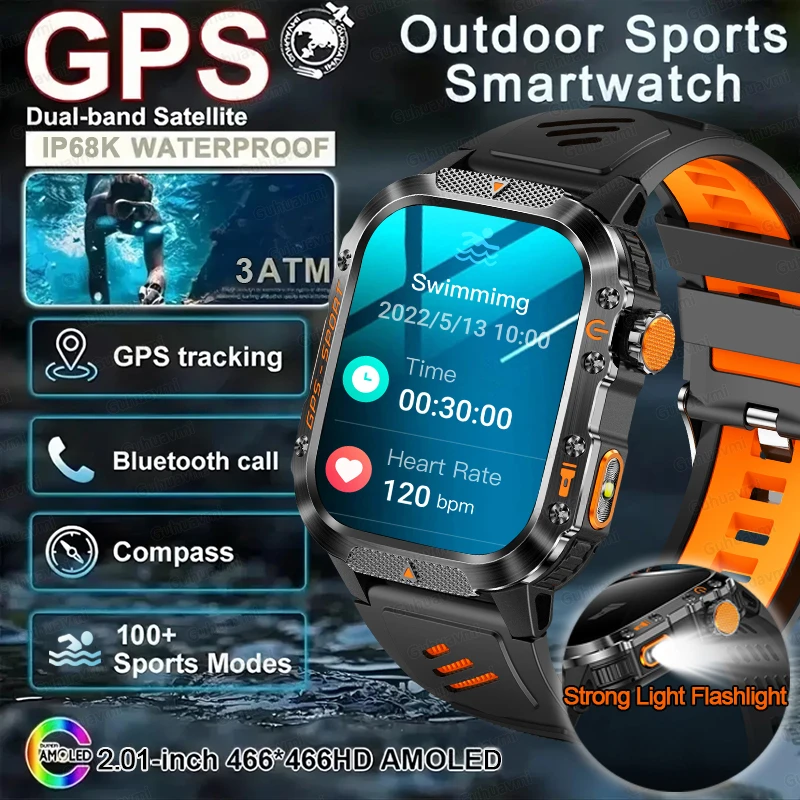 

Смарт-браслет GUHUAVMI для плавания с GPS, 2,01 дюйма, AMOLED-экран, компас, барометрический высотомер, фонарик, умные часы для звонков для мужчин