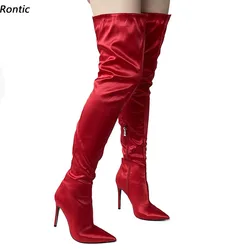 Rontic New Fashion Women Winter Long Boots Outfitting Satin Side Zipper Stiletto Heels Pointed Toe Red Party Shoes US Size 5-15