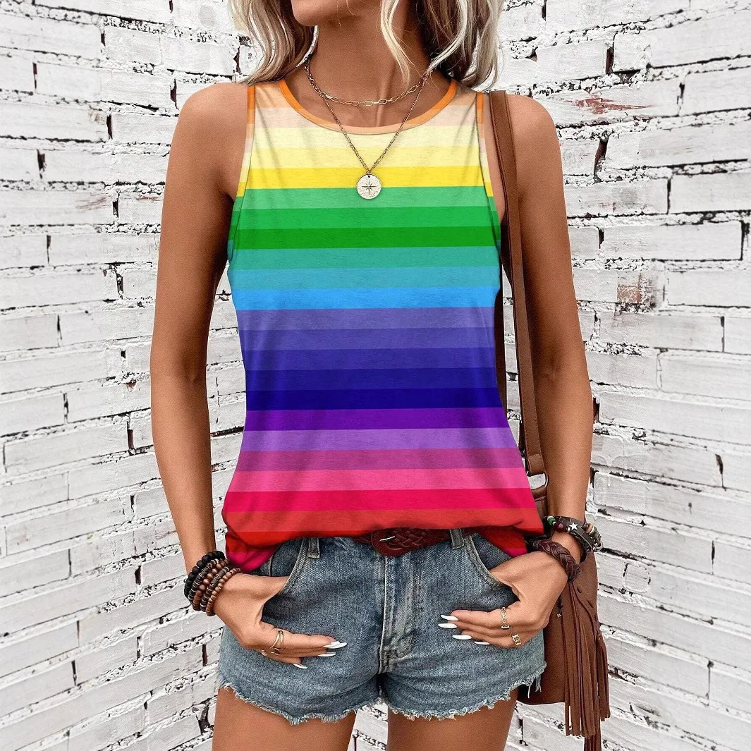 Fashion Stripe 3D Print Tank Tops Women Summer Casual O-Neck Elegant Vest Off Shoulder Y2k Sleeveless Camisole Woman Clothing