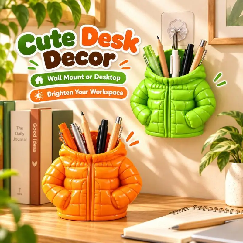 2PCS Puffer Jacket Pen Holder with Adhesive Hook,Cute Wall Mounted Pencil Cup,Desktop Stationery Organizer for Home Office Decor