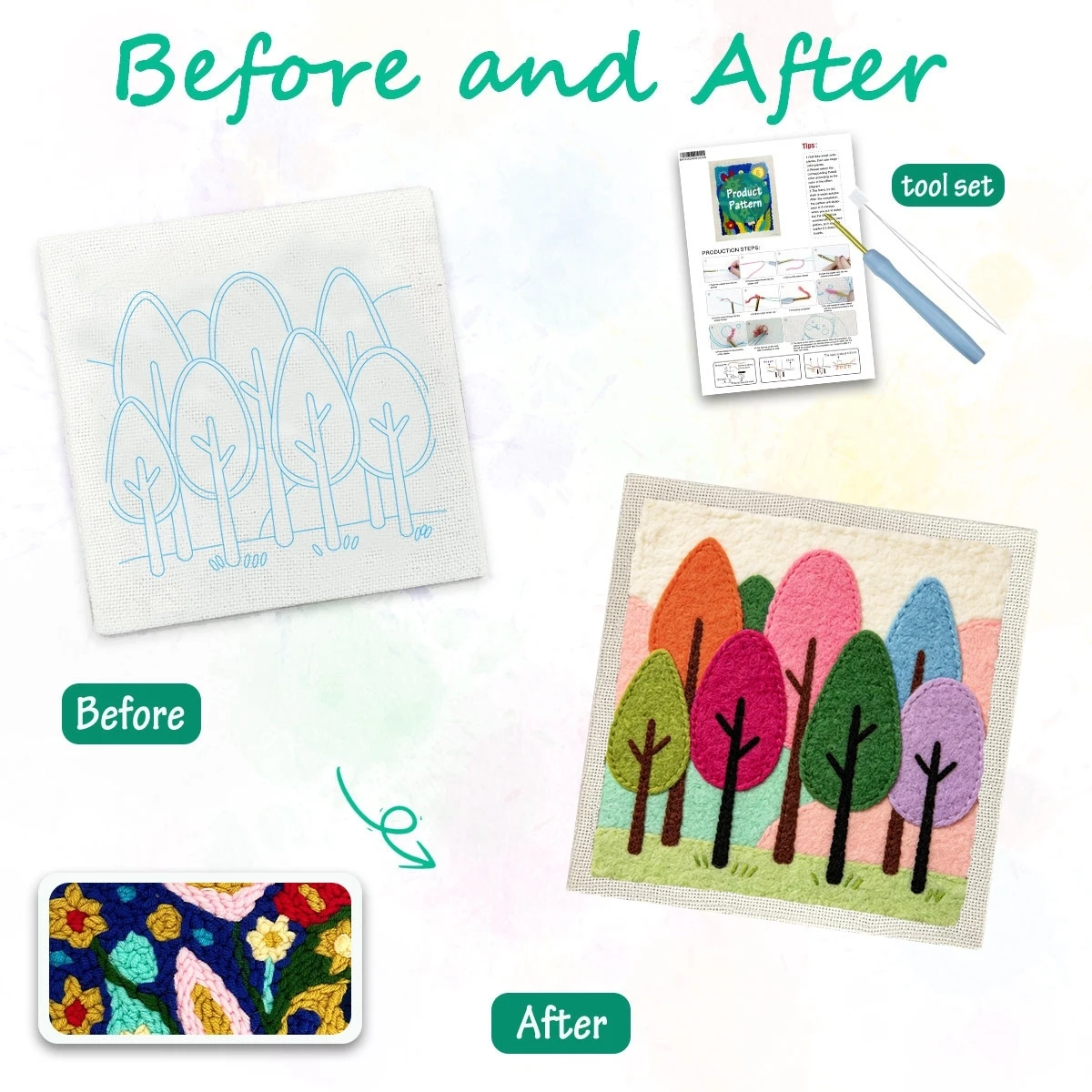 1 Set Buntes Wald-DIY-Stickset für Anfänger, Stick-Starter-Kit, Kreuzstich-Kunstgeschenk, Nadelarbeiten – Detail 1