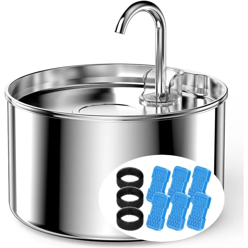 

Cat Water Fountain Stainless Steel + 6 Filters + 3 Sponges - Pet Water Fountain 24/7 Keep The Water Fresh 74oz Capacity