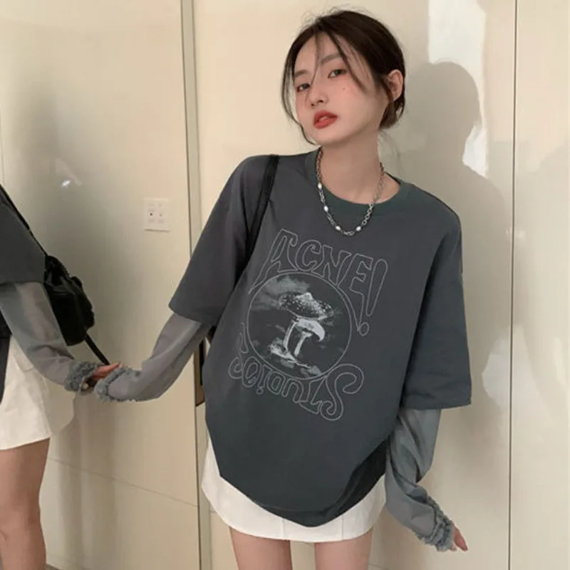 Female Tops Tshirts 2024 With Print Grey Graphic Loose Women's T Shirts Offer Elegant Classy Clothes Aesthetic Funny New In Tees