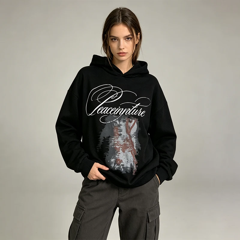 2026 Women Vintage Graphic Print Hoodie Loose Fit PulloverY2K Streetwear Letter Portrait Print Casual Black Hoodies Tops