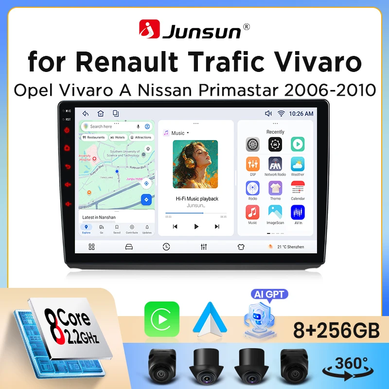Autoradio Junsun sans fil CarPlay Android Auto pour Renault Trafic 2 / Opel Vivaro A / Vauxhall Vivaro / Nissan Primastar (X83) 2006-2014 avec ventilateur de refroidissement intégré, navigation GPS