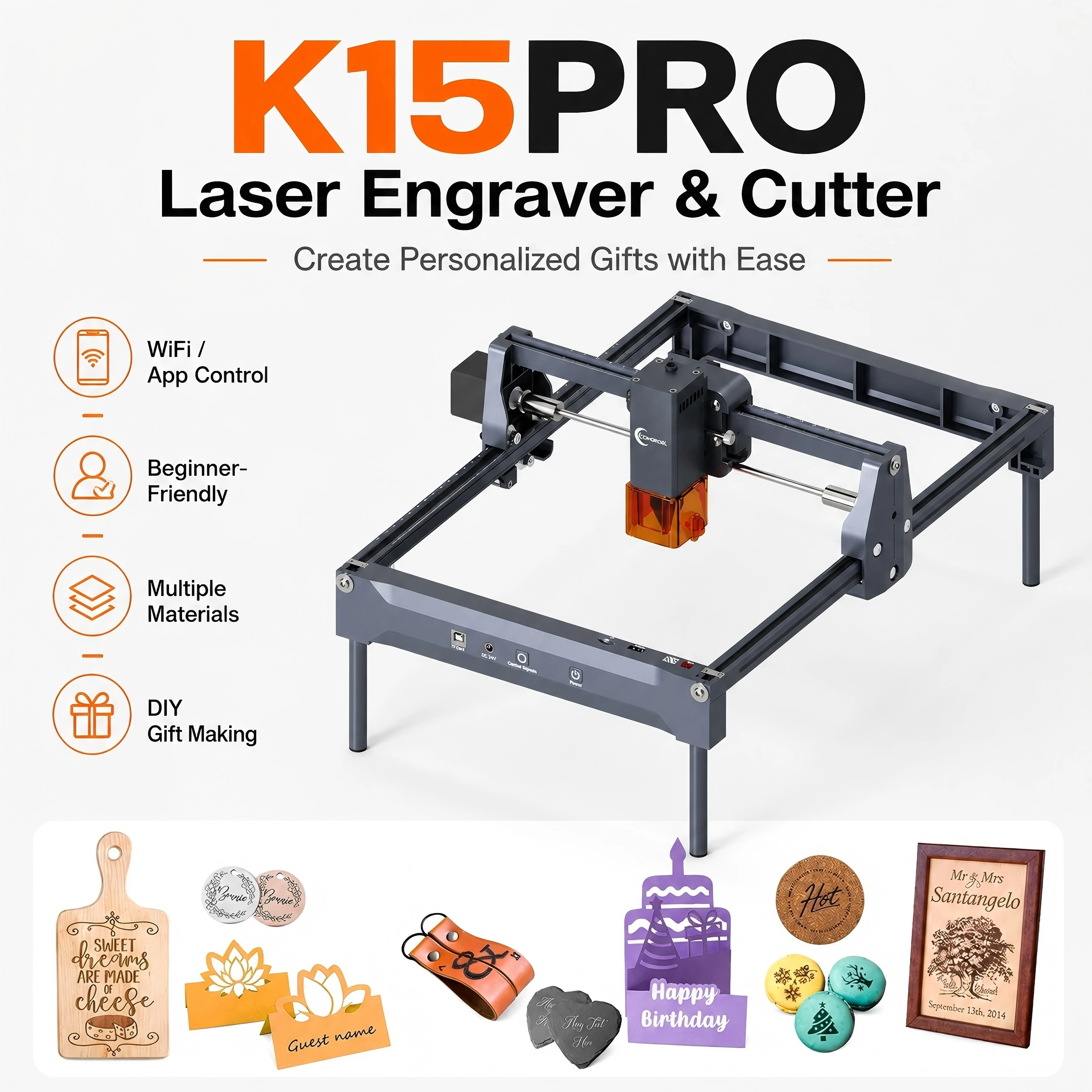 Graveur et découpeur laser gris Carverall K15PRO 7W 12W, machine de gravure et de découpe laser de bureau à cadre ouvert, A4 297x210mm, 15000mm/min, précision de 0,01mm, logiciel gratuit, WiFi USB, pour le bois, l'acrylique, le cuir, les cadeaux DIY, l'artisanat, les petites entreprises