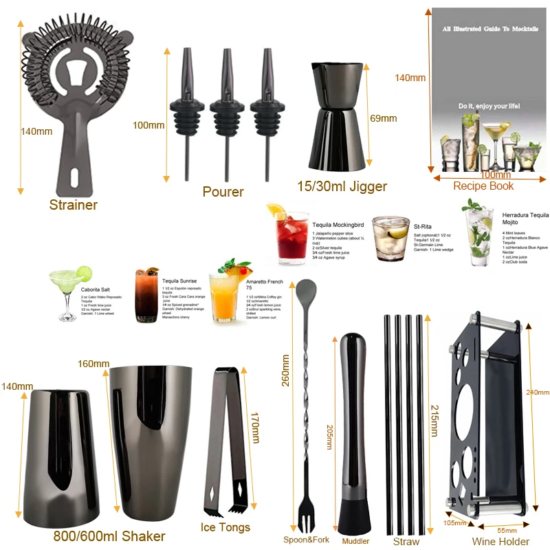 13 Piece Bartender Kit, Black/Rose Gold Cocktail Shaker Set Stainless Steel Bar Tools with Black Stand, 550ml, 800/600ml Shaker