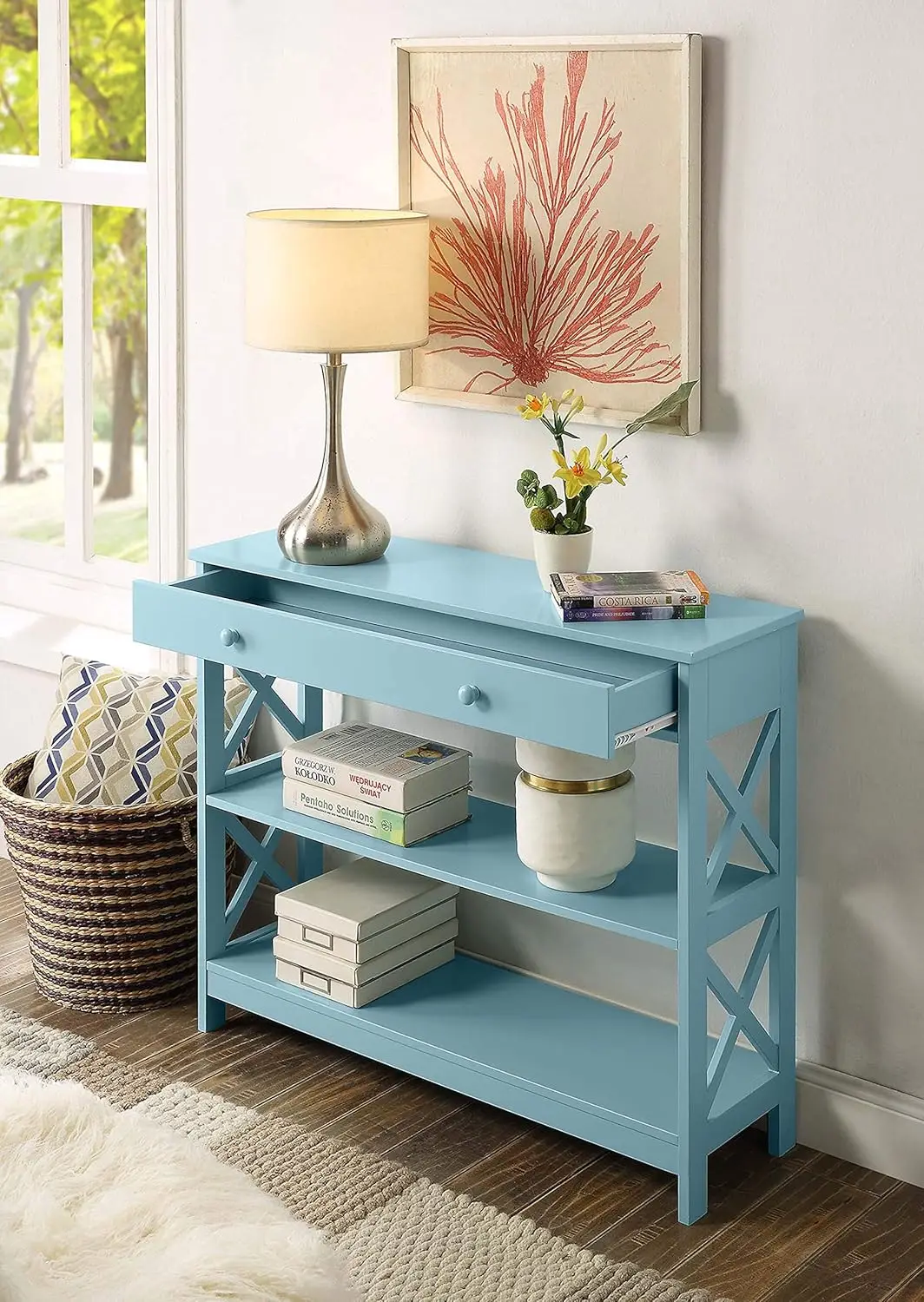 Oxford 1 Drawer Console Table with Shelves, Sea Foam Blue