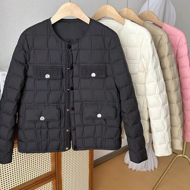 Short Down Padding Jacket for Women Thin Warm Down Jacket Collarless Short Parka New Outerwear Spring and Autumn Fashion, 2024