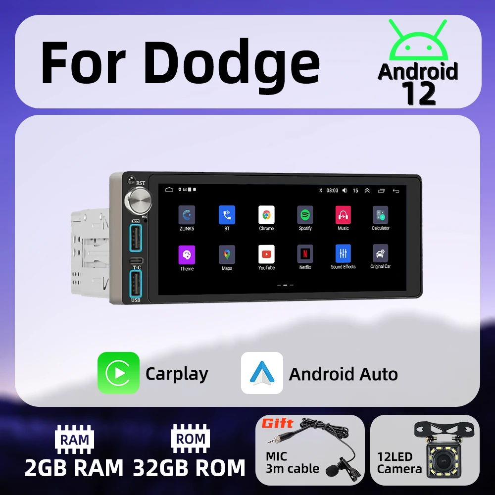

Wireless Carplay Android Auto Autoradio 6.86" 1 Din Radio Android Car Multimedia for Dodge Stereo Head Unit GPS Navigation Wifi