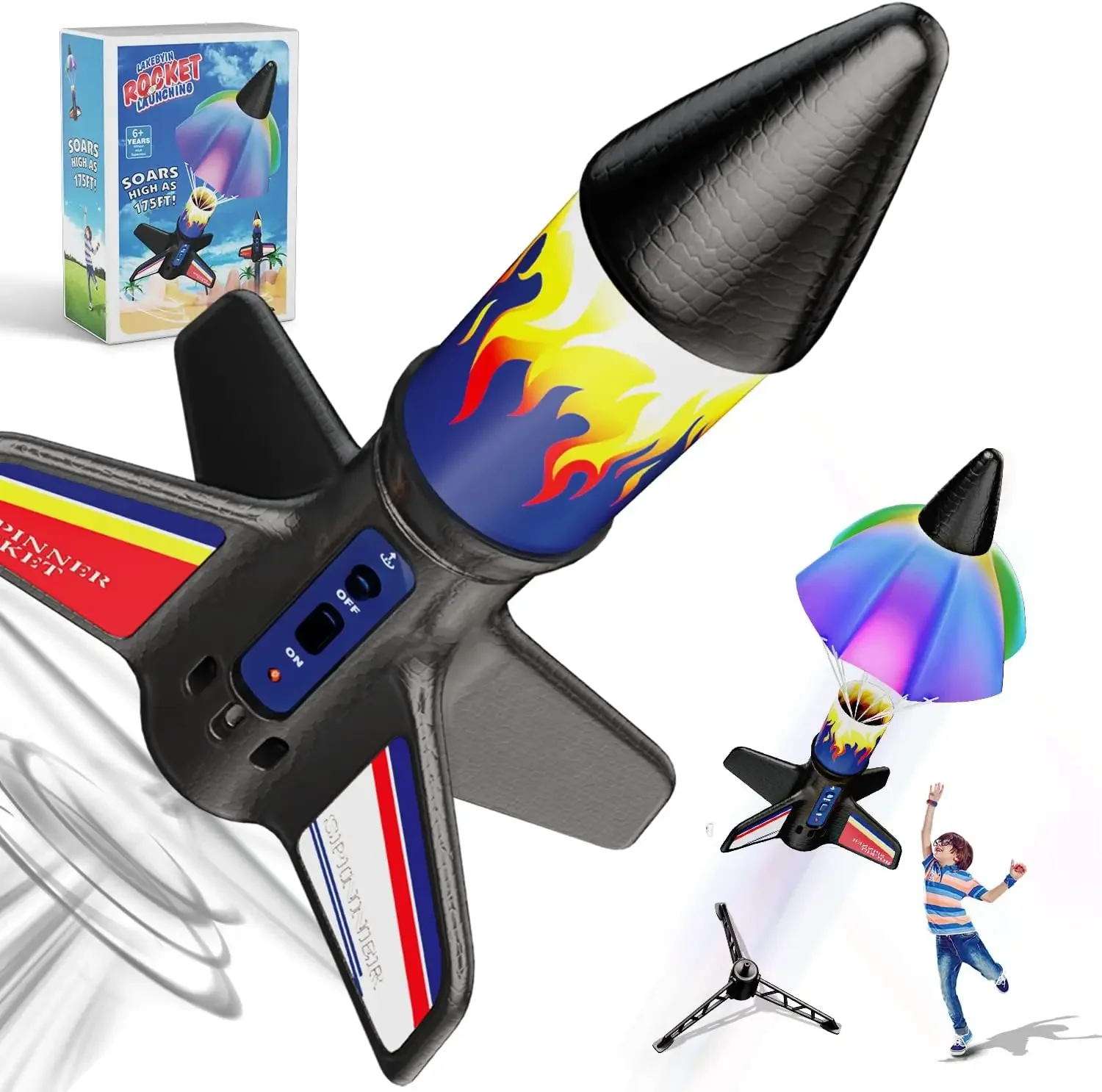 Outdoor Electric Model Rocket Toy Spinner Missile with Parachute Launch Up to 150 Feet Flying Game Gift for 14+ Ages