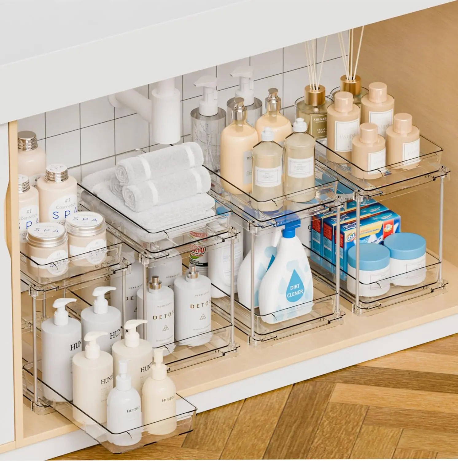 

4 Pack Under Sink Organizers and Storage,Clear Acrylic Bathroom Organizer and Cabinet Organization for Makeup,Medicine,Two Ti