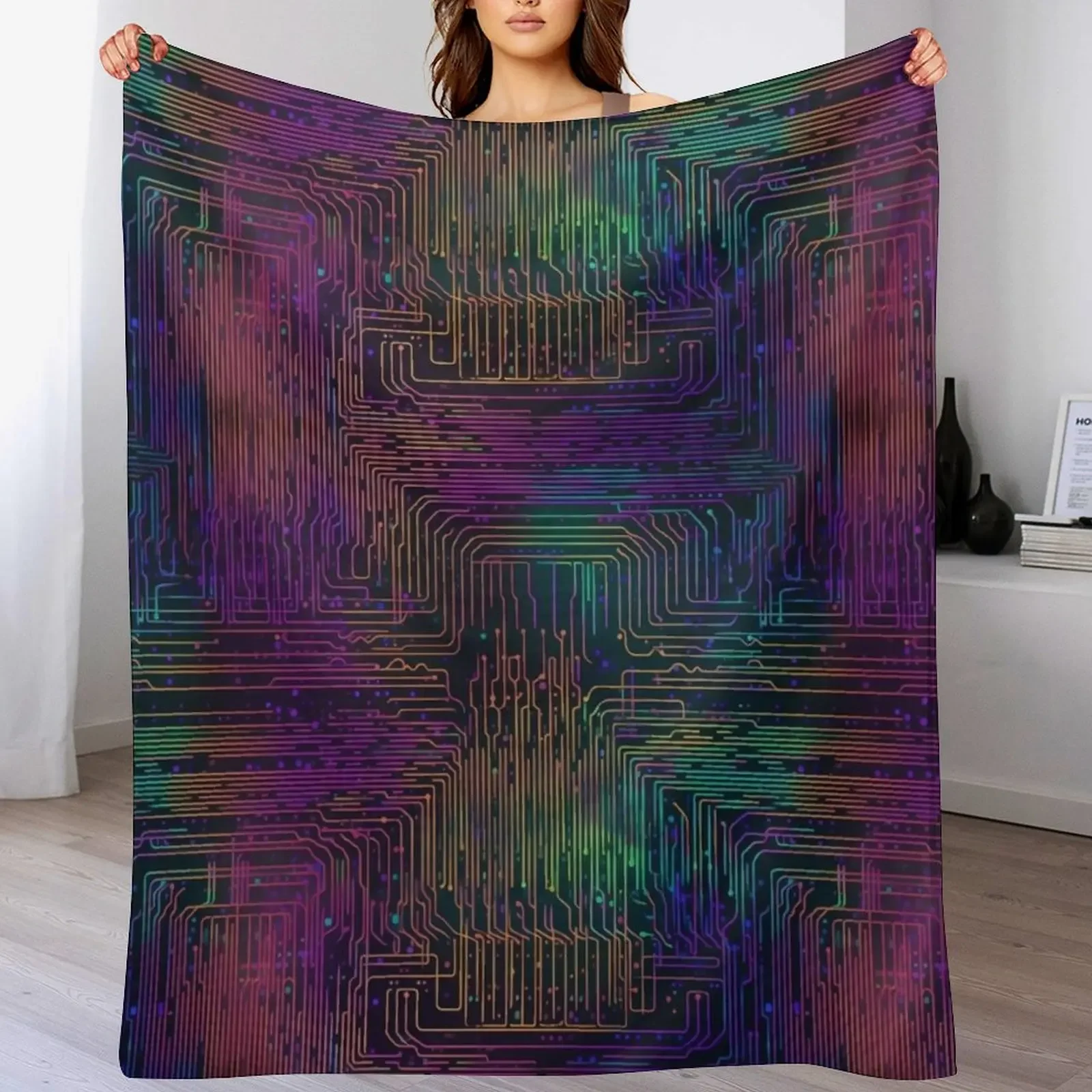 Vaporwave Circuit Board Throw Blanket Color Fast Cozy Throw Blanket