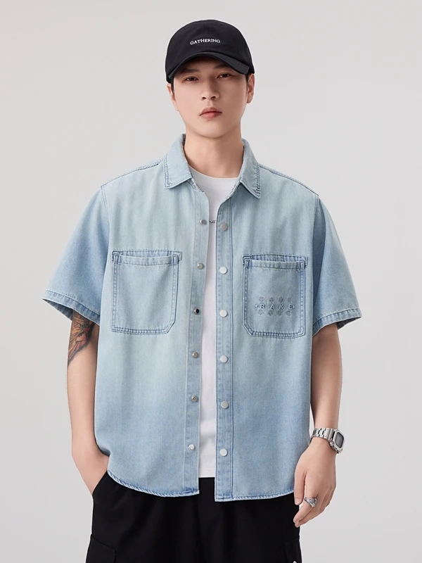 

High-End Casual Ropa Jeans ort Sve irt Men Summer Thin Loose Versatile Casual irt Jaet Trendy Wear Resistant