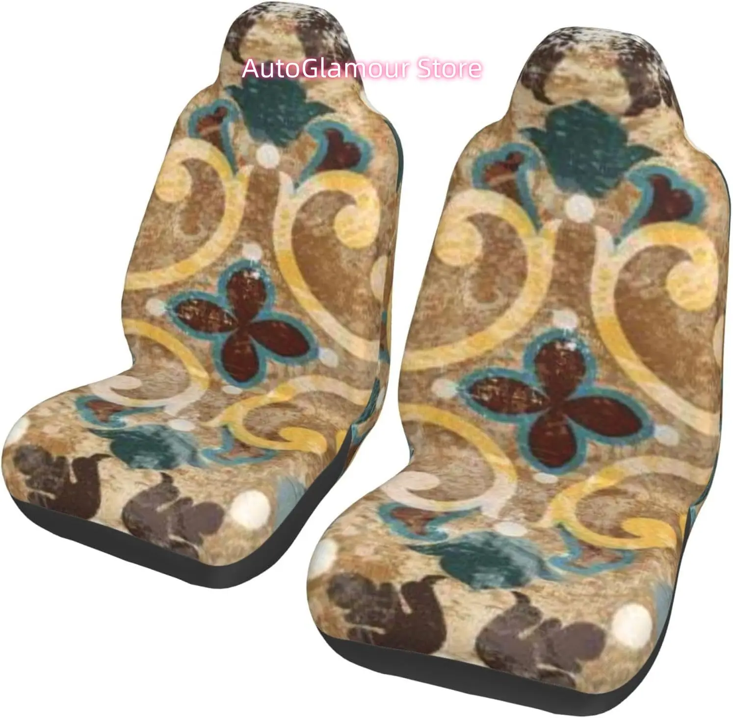 Tile Blue Geometric Vintage Italian Moroccan Pattern Universal Car Seat Covers 2-Piece Set - Stretch-to-Fit Front Seat Protector