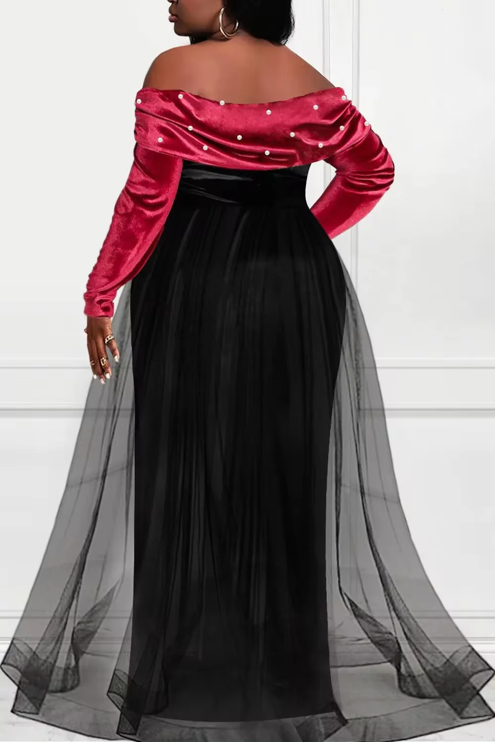 Women's Plus Size Formal Dress Off The Shoulder Pearl-Embellished Overlay Skirt Velvet Split Maxi Dress Party Evening Dress