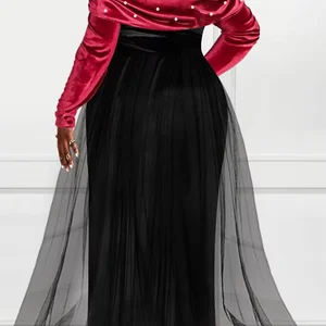 Plus Size Formal formelles Kleid, Außenschulter, überlagerter Rock mit Perlenverzierungen, samtig gekleidetes Maxikleid, Partykleid in der Nacht 6 Hauptverkäufe mit Overlay - №5