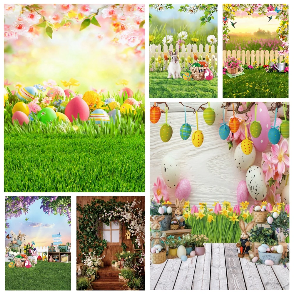 

Spring Scenery Easter Photography Backdrop Rabbit Flower Eggs Floral Bunny Wood Floor Baby Birthday Portrait Photo Background