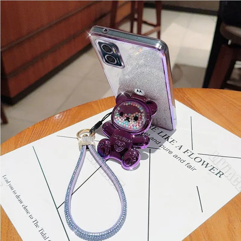 E 7 E 13 Diamond Strap Glitter Bear Holder Case On For Motorola Moto E7 Plus Power E13 E20 E22 E22i E32 EDGE 20 30 Stand Cover