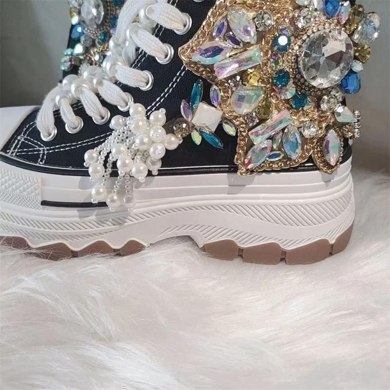 Thick sole high top nailed bead rhinestone fringed gem canvas shoes hand-customized black lace-up women's casual sneakers 35-40