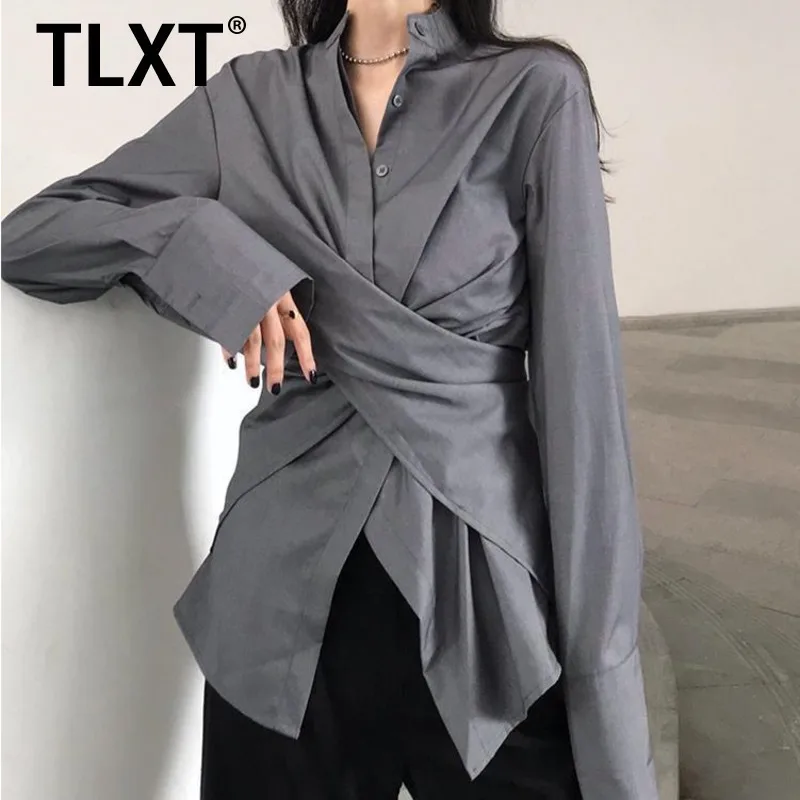 

TLXT, рубашка нестандартной формы в корейском стиле, женские однобортные блузки с длинными рукавами и лацканами, со сборкой на талии, однотонные блузки XK1286