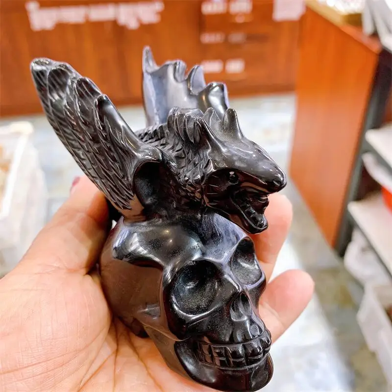 9.5cm Natural  Black Obsidian Dragon Skull Crystal Carving Healing Fashion Home Decoration Birthday Present Holiday Gift 1pcs