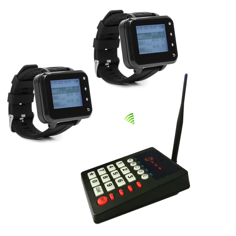 

Wireless Kitchen Call System 1 Keyboard Dialer 2 Waiter Wrist Pager Clock for Restaurant