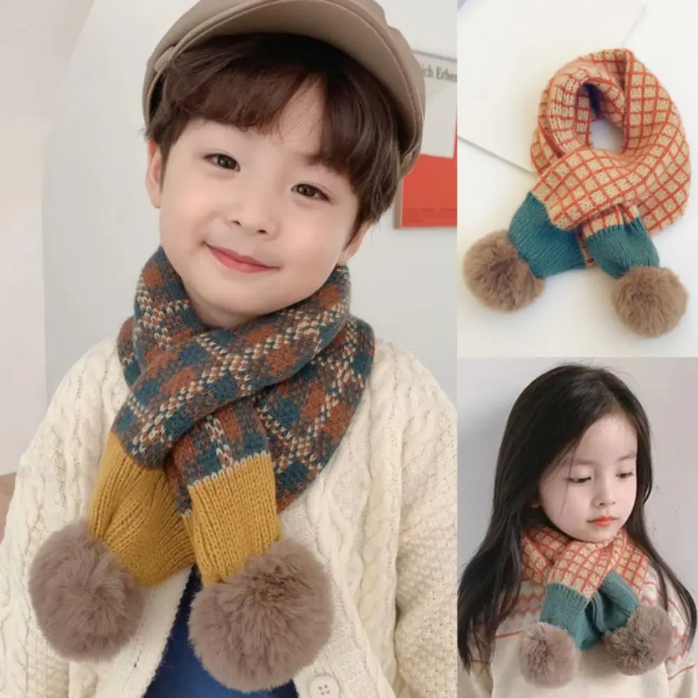 Soft Pompon Trim Plaid Knitted Scarf Warm Thicken Fabric Stripe Pattern Warm Neckerchief Warm Neck Cover Patchwork Shawl