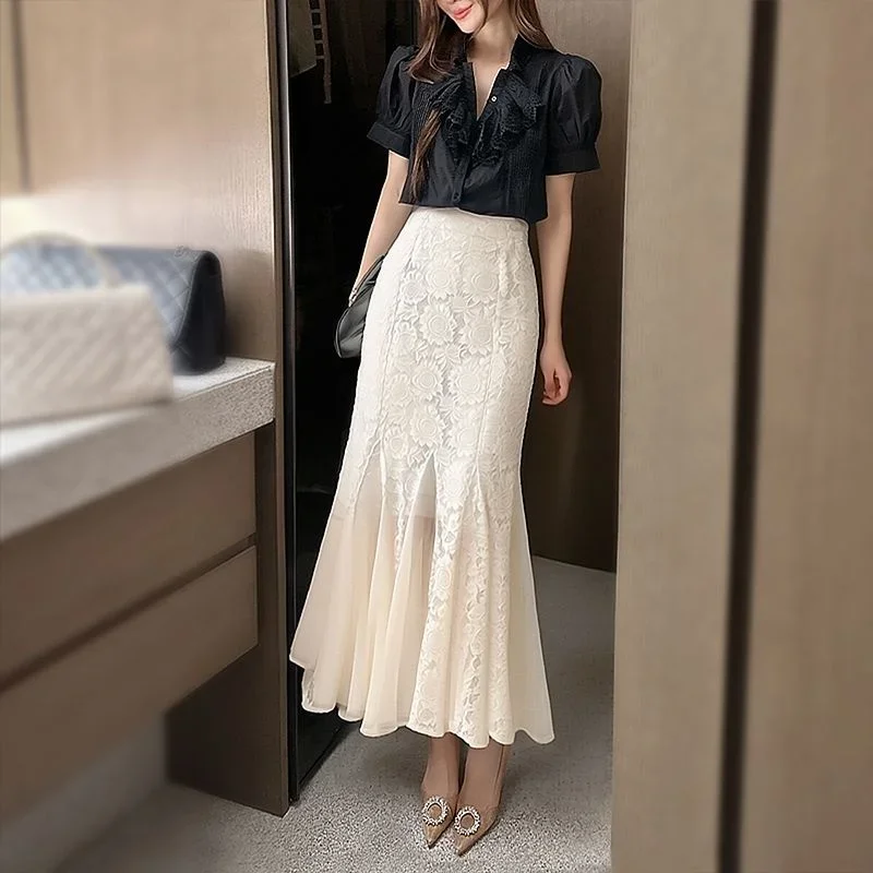 

Новая модная кружевная юбка-русалка, женская летняя элегантная юбка-миди с высокой талией и оборками, офисные женские вечерние юбки-миди с запахом на бедрах