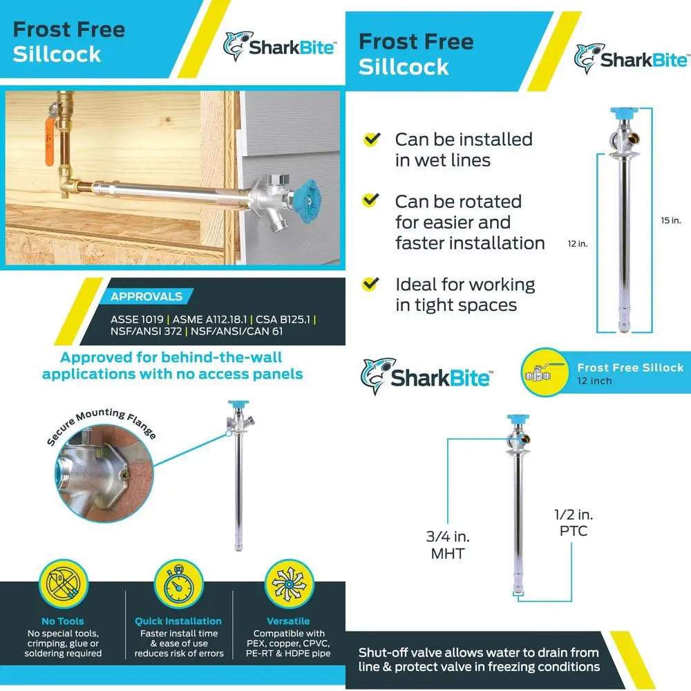 

12 Frost-Free Sillcock with 1/2 x 3/4 MHT, Push-to-Connect Brass Fittings, PEX, Copper, CPVC, PE-RT, HDPE Plumbing, 24636LF