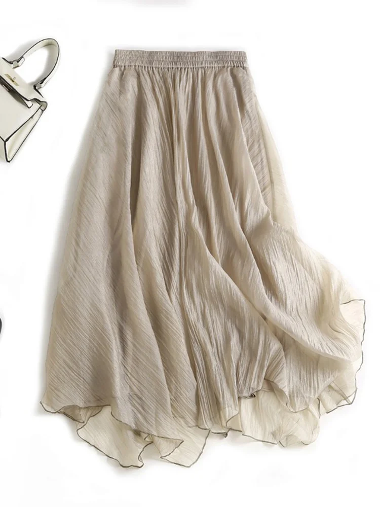 Falda Midi acampanada de cintura alta para mujer, falda larga de lino de doble capa, falda artística de lino y algodón para el cuerpo, Color puro para ir al trabajo