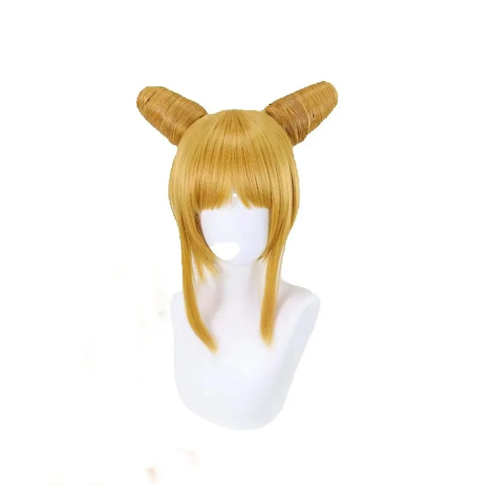 

Golden Twin Bun Cosplay Wig Anime Hime Cut Blunt Bangs Heat Resistant Synthetic Hair Halloween Costume for Women Girls