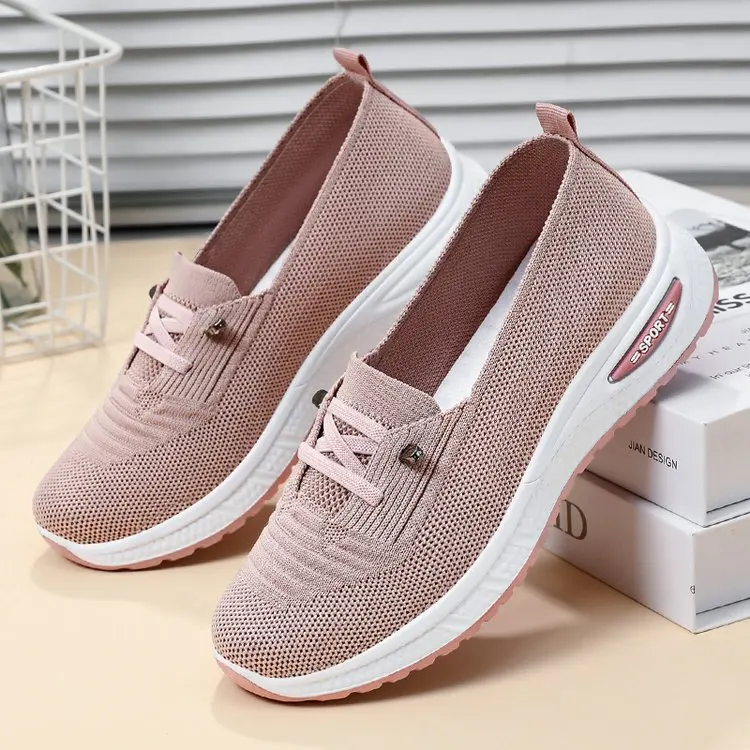 2024 Woman Mesh Flats Comfortable Thick Sole Walking Shoe Pink Knit Detail Outdoor Sneakers Women's Sporty Slip on Shoes Lace Up