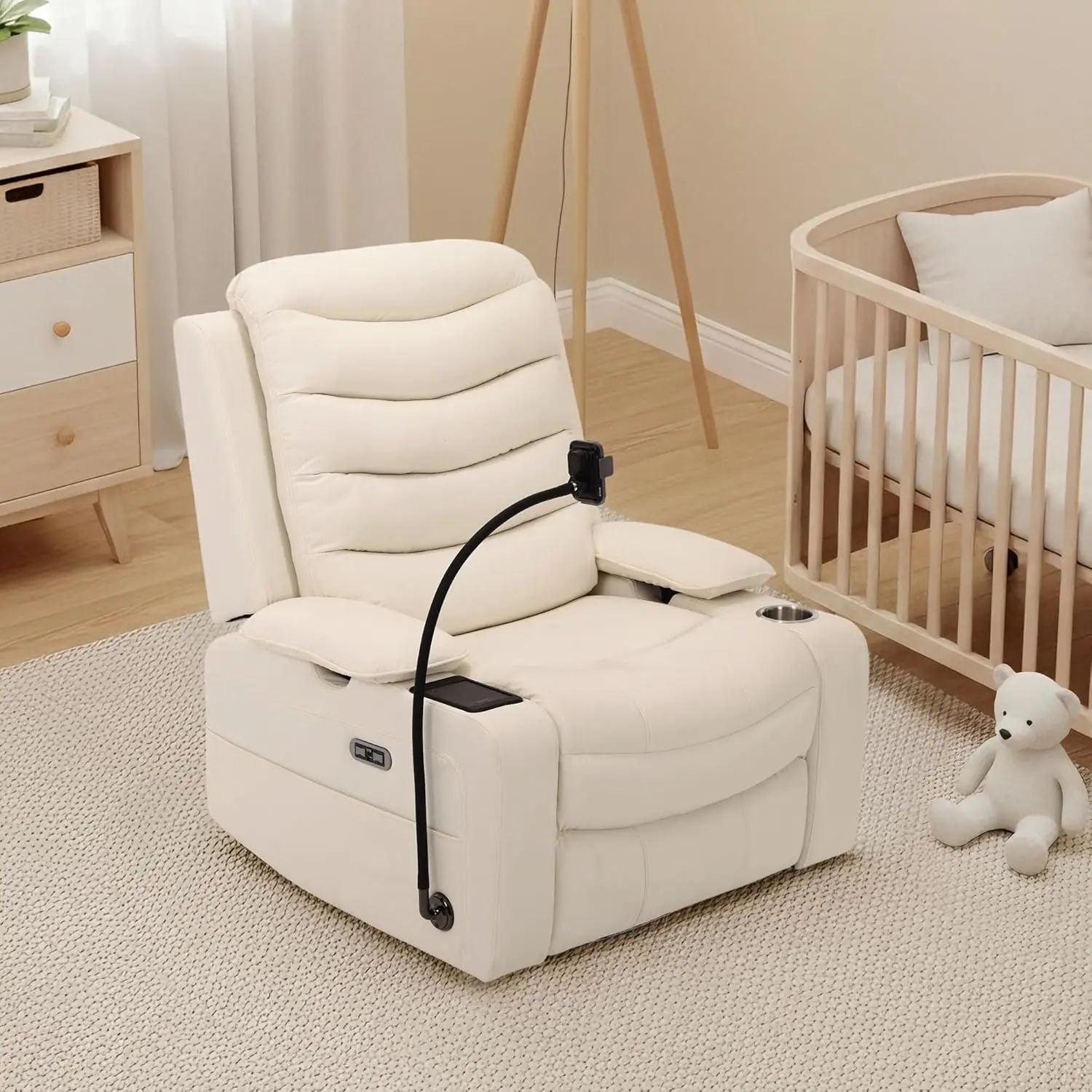 Electric Recliner Chair, Leather Swivel Rocker, Power Lumbar Support, USB Charging Port, Cup Holder, Modern Living Room Sofa