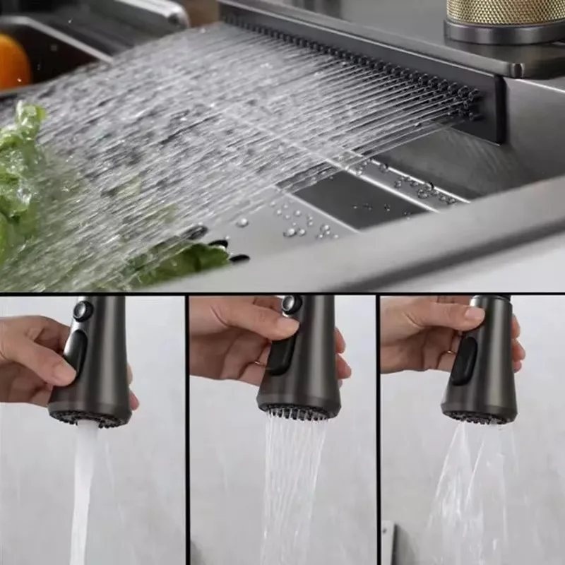 Handmade Stainless Steel Kitchen Undermount Sink Sanitary Ware Single Bowl Double Bowl Waterfall Faucet Nano Surface Treatment