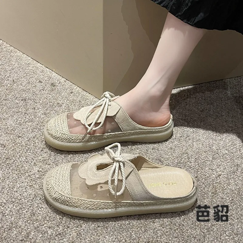 Casual Style Women's Flat Bottom Sandals Summer Outdoor Wear Net Head Covering Straw Woven Fisherman Shoes Versatile Small Fr...