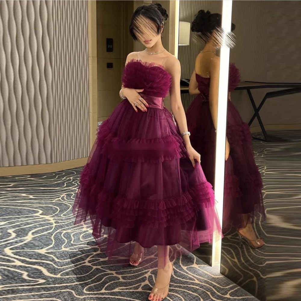 

Fashion Strapless A-Line Burgundy Tulle Satin Formal Occasion Prom Dresses Ankle-length Women Evening Party Dress فساتين السهرة