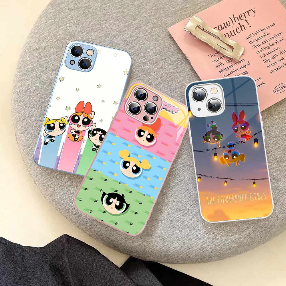 

Cute Cartoon Powerpuff Girls Mobile Phone Case Tempered Glass For Iphone 14 13 12 11 Pro Mini XS MAX 14Plus X XS XR Fundas