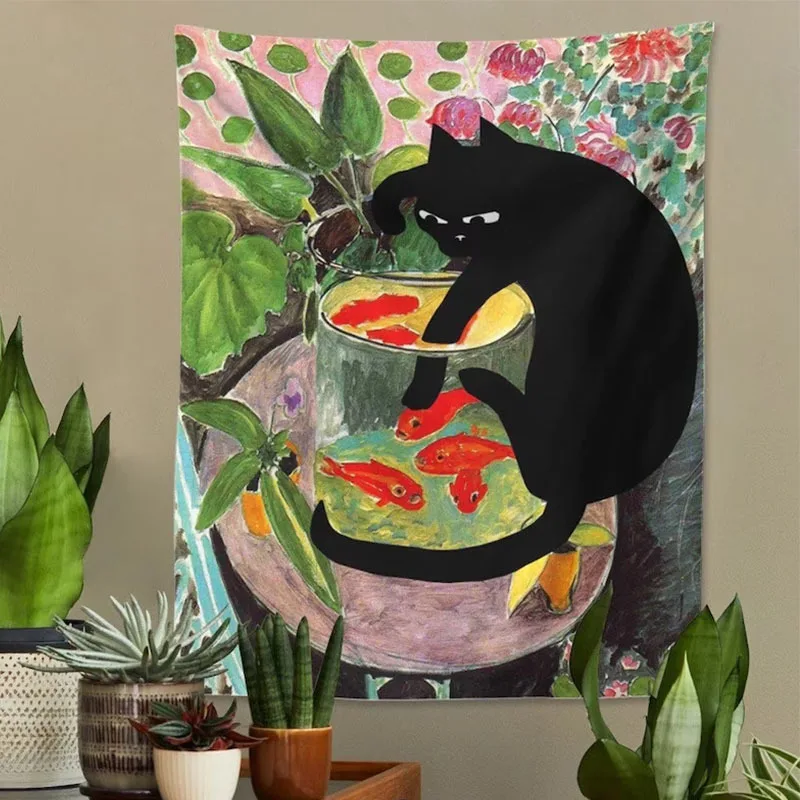 VIKAMA Matisse Goldfischglas & Schwarze Katze Wandteppich im Prank-Stil für Wohnzimmer, Arbeitszimmer & Homestay-Dekoration