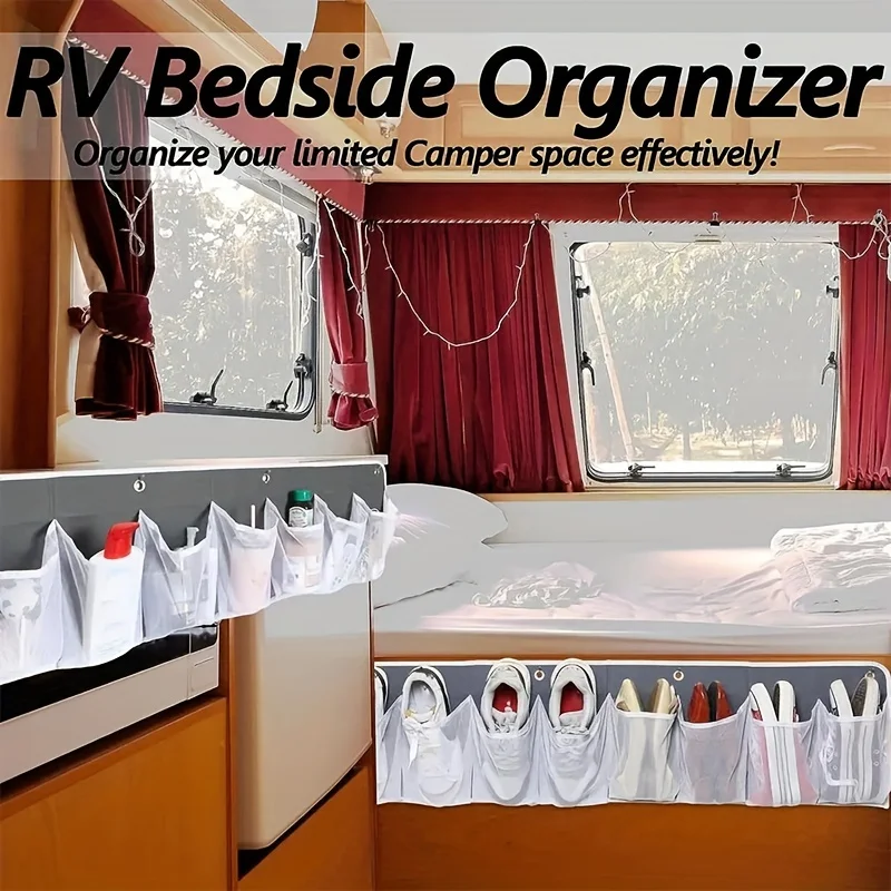 A Mesh Storage Bag, for Storing Items, with Hooks by The Bed, for Rvs, Motorhomes. RV Bedding