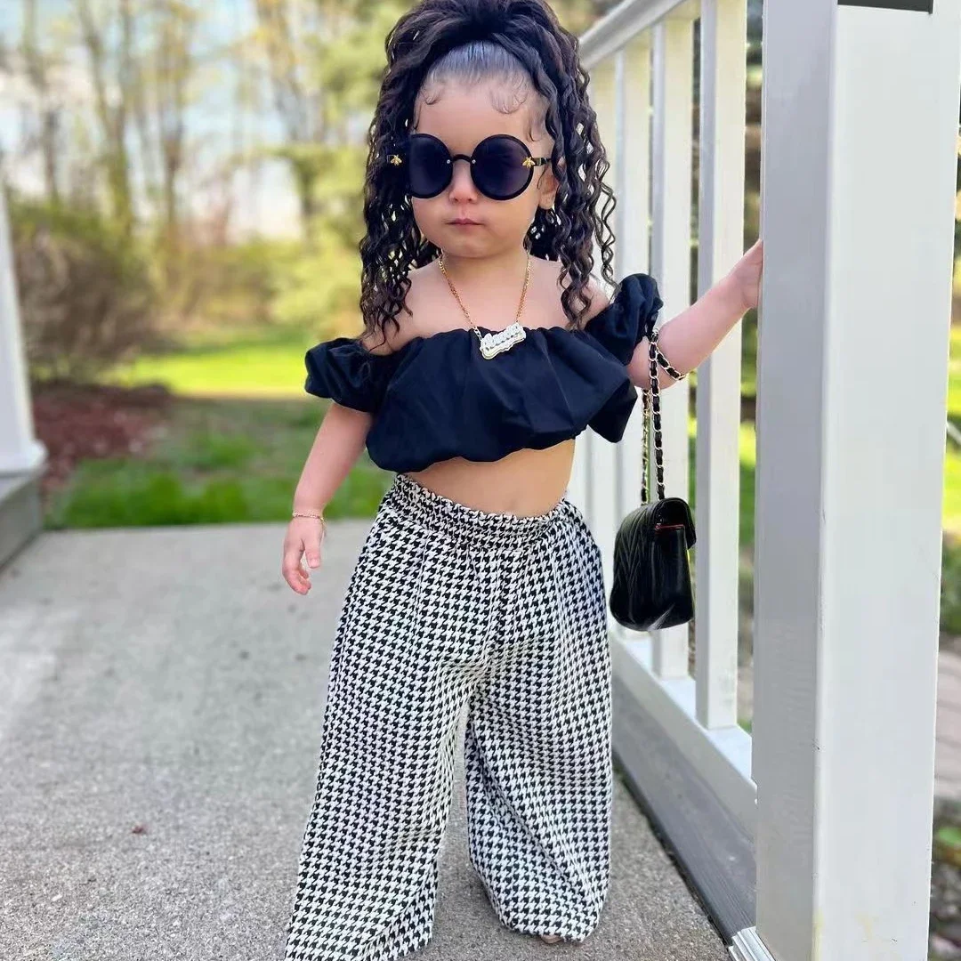 

New 2024 Summer Girls Clothes Sets Kids Boat Neck Strapless Puff Short Sleeve Tops + Houndstooth Pants Children Clothing